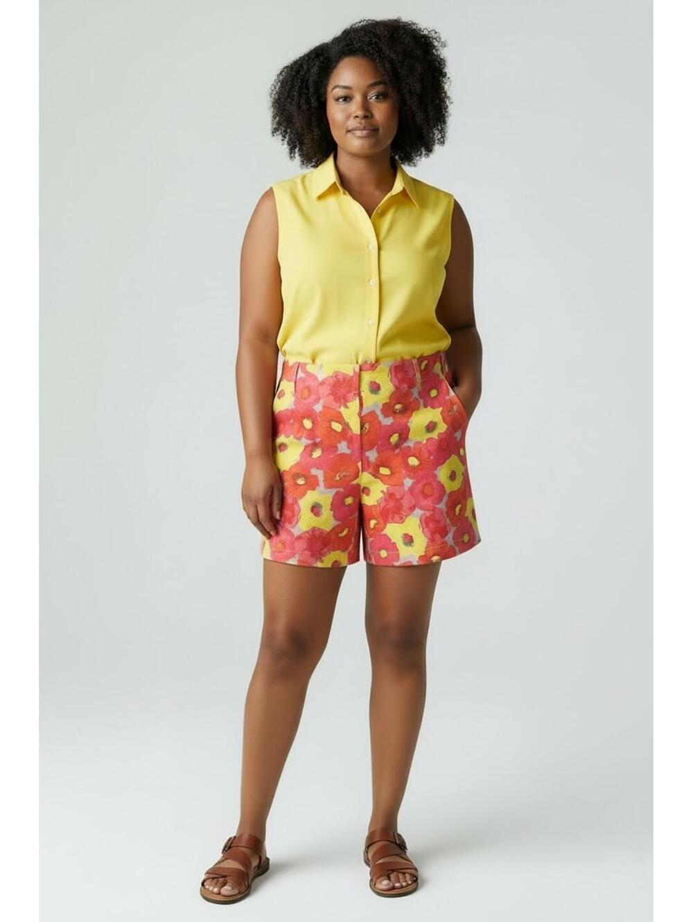 Loft Women's Pink & Yellow Poppy Floral Linen Chino Shorts, Size 16
